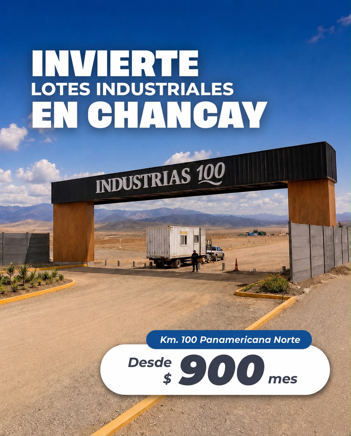 🥳 INDUSTRIAS 100: Adquiere tu lote industrial en una zona estratégica a minutos del Megapuerto de Chancay. Ubicado en km 100 de la Panamericana Norte – Chancay.